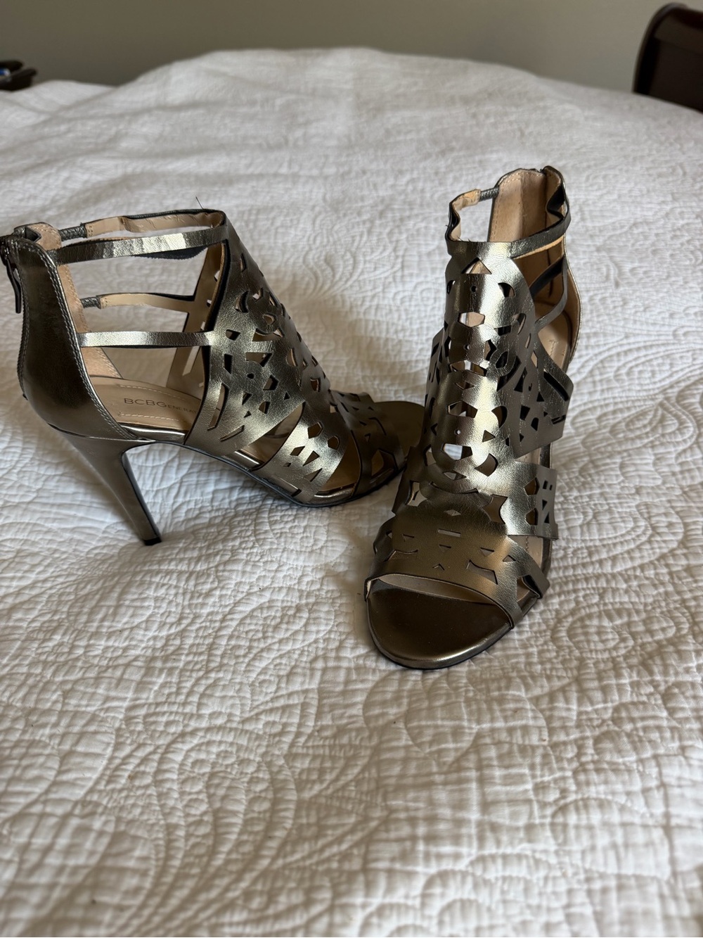 BCBGeneration Bronze Metallic Laser-Cut Stiletto Sandals